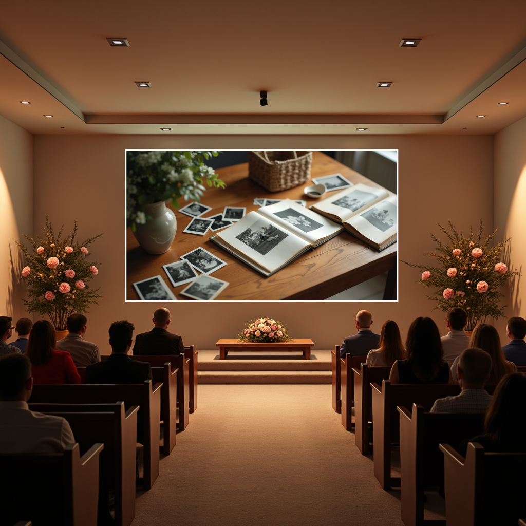 Persoonlijke uitvaartfotomontage met foto’s van overleden dierbare, zorgvuldig samengesteld en ondersteund door muziek.