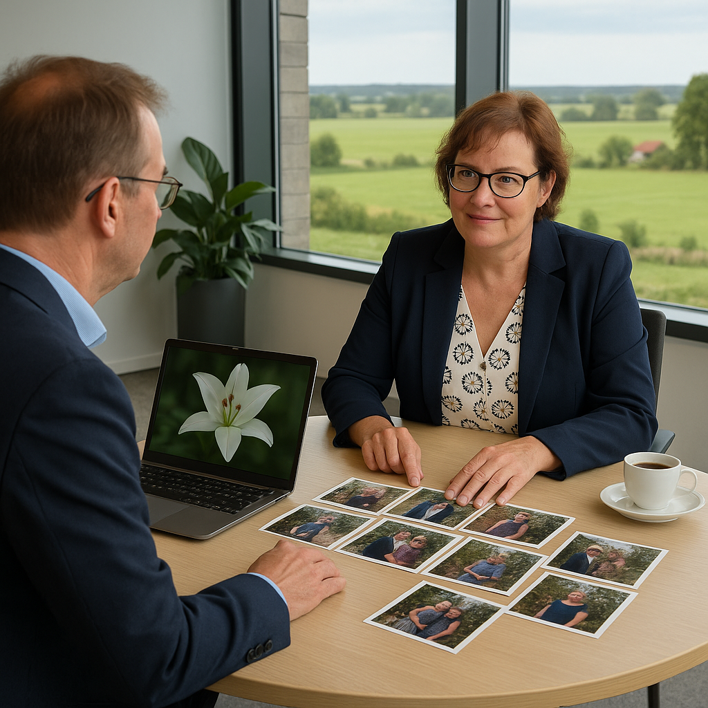 Persoonlijke uitvaartfotomontage met foto’s van overleden dierbare, zorgvuldig samengesteld en ondersteund door muziek.