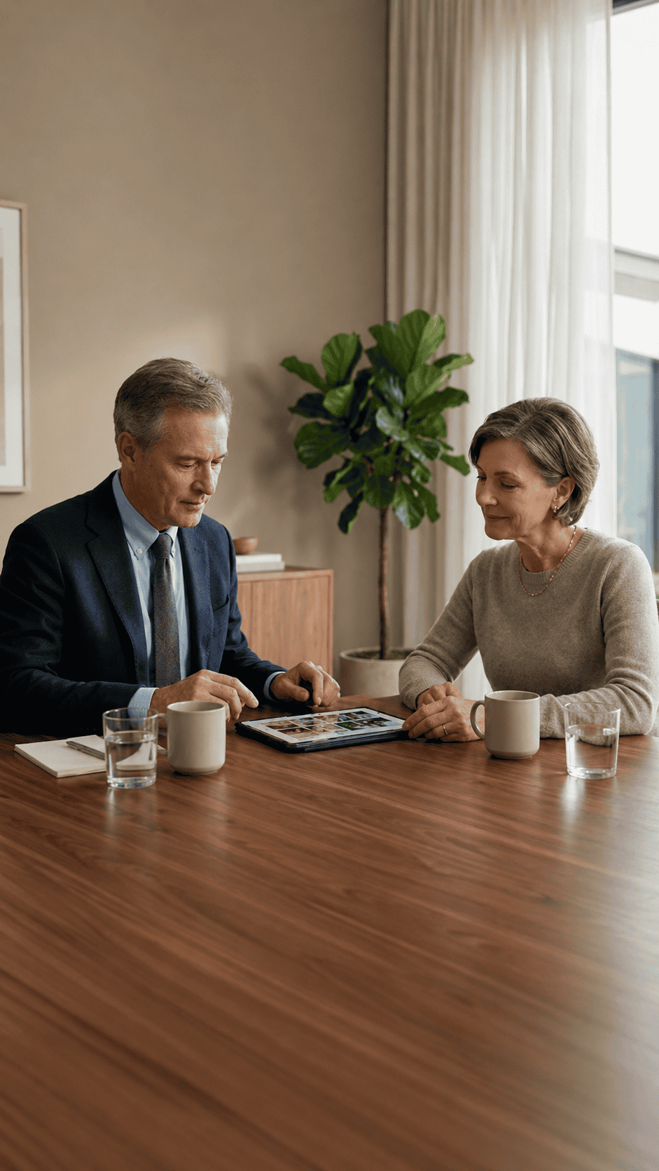 “persoonlijk gesprek over fotomontage bekijken op tablet aan tafel