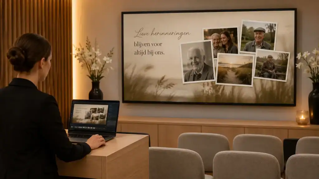Fotomontage uitvaart gebruiksklaar weergegeven in een aula tijdens een plechtigheid zonder technische zorgen
