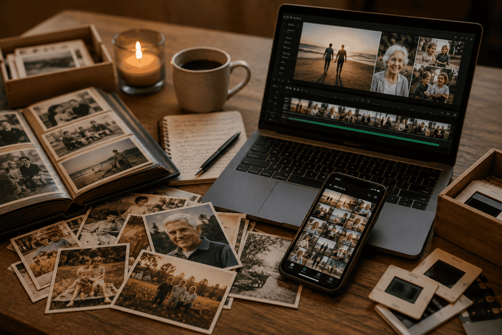 Fotomontage voor uitvaart met foto's, laptop, en herinneringen.