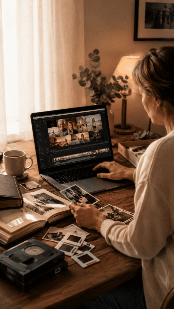 Persoon bewerkt een uitvaartfotomontage op laptop met herinneringen en foto's.