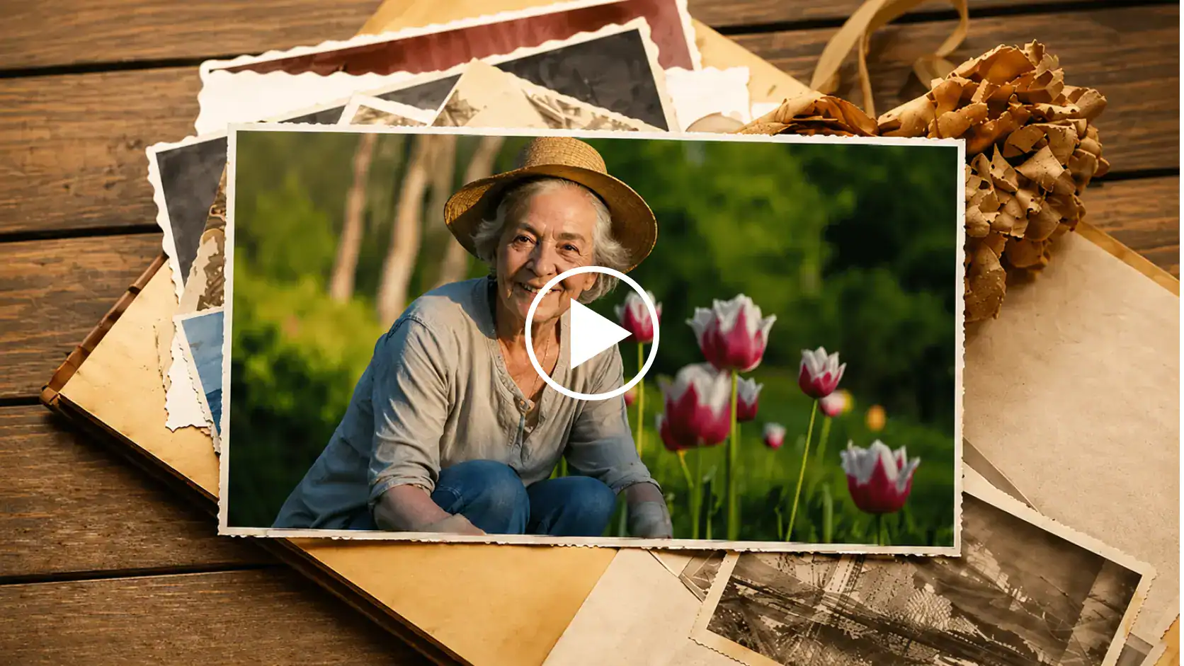 Herinneringsfotomontage met lachende vrouw en tulpen, perfect voor uitvaartherinneringen en persoonl.