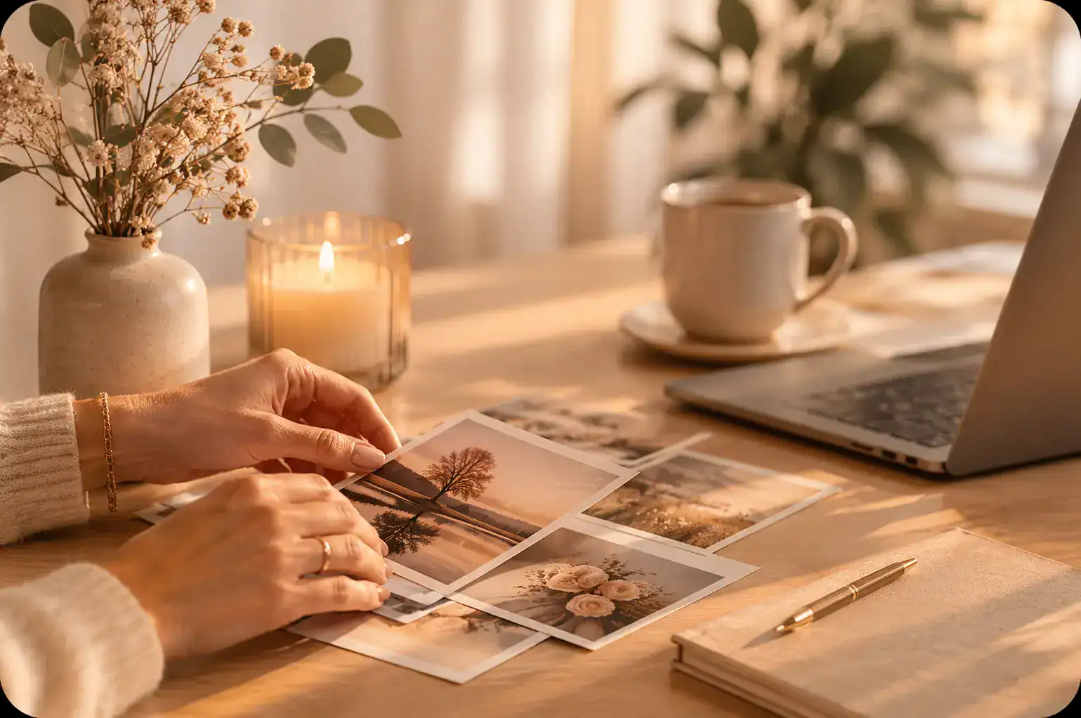 Persoon maakt een uitvaartfotomontage met foto's en herinneringen op een tafel.