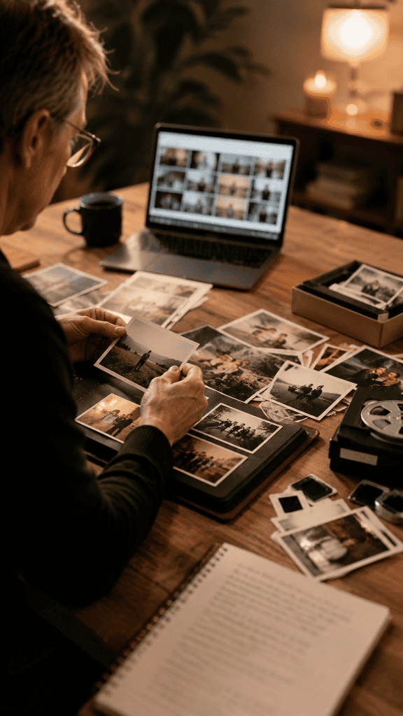Persoon maakt een herinneringsfotomontage op laptop voor uitvaart of rouw.