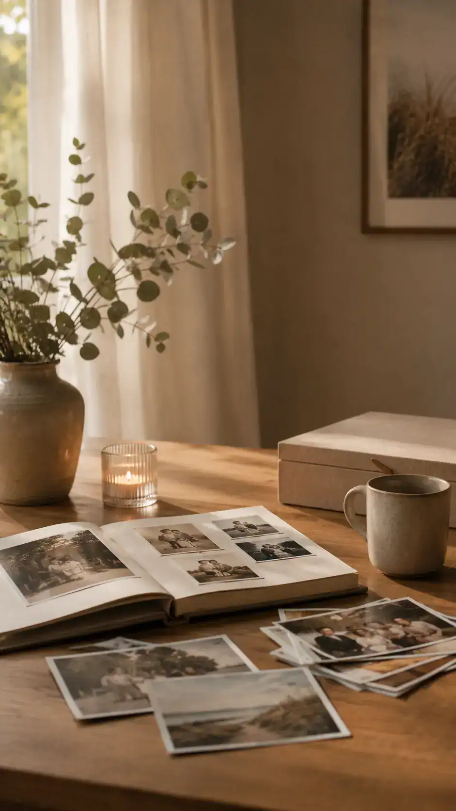 Sfeervolle uitvaartfotomontage met foto's en kaarsen voor een liefdevolle herinnering.