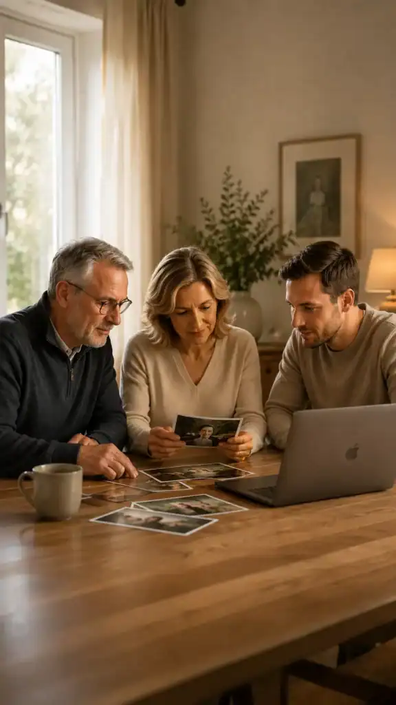 Familie maakt een fotomontage voor een uitvaart ter nagedachtenis.