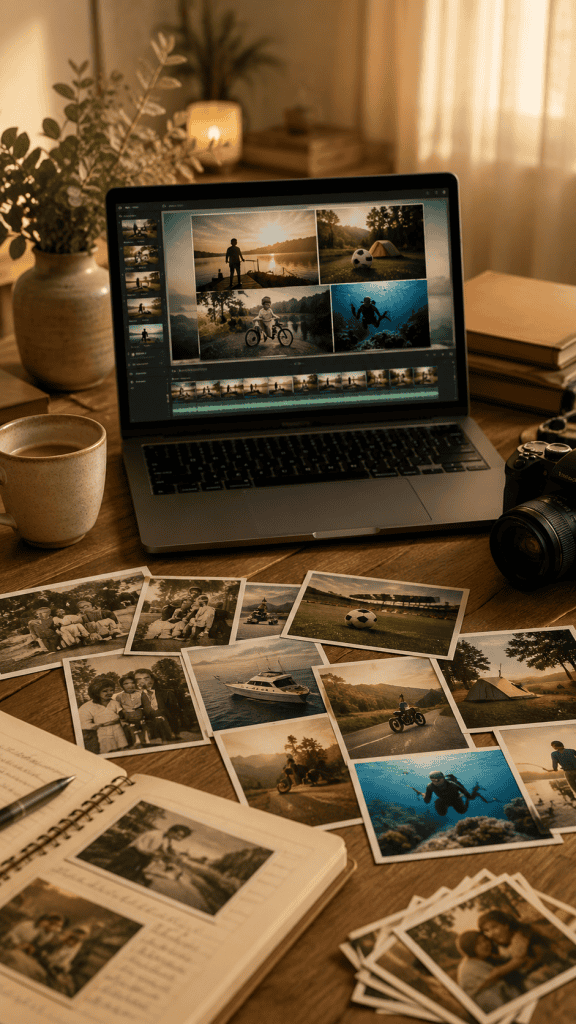 Foto's en herinneringen die worden verwerkt in een thematische uitvaartpresentatie gebaseerd op hobby's, interesses en levensverhaal.