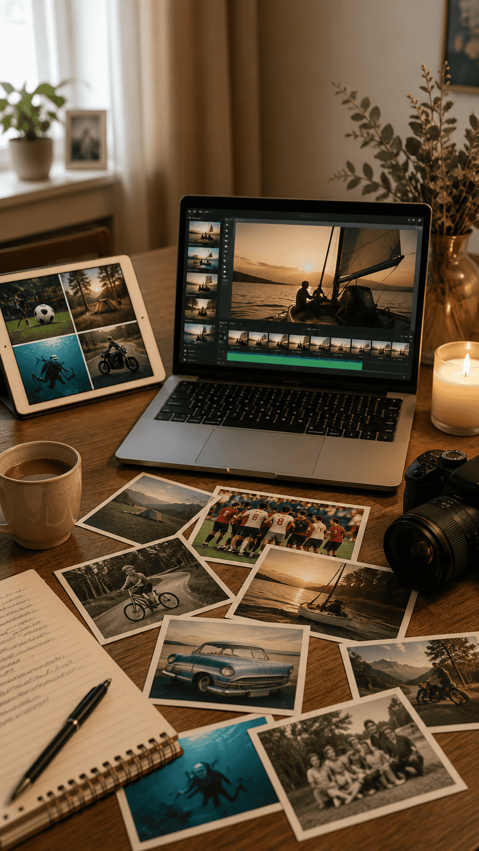 Voorbeeld van een uitvaartpresentatie waarin foto's, video's en persoonlijke interesses samenkomen in één beeldverhaal