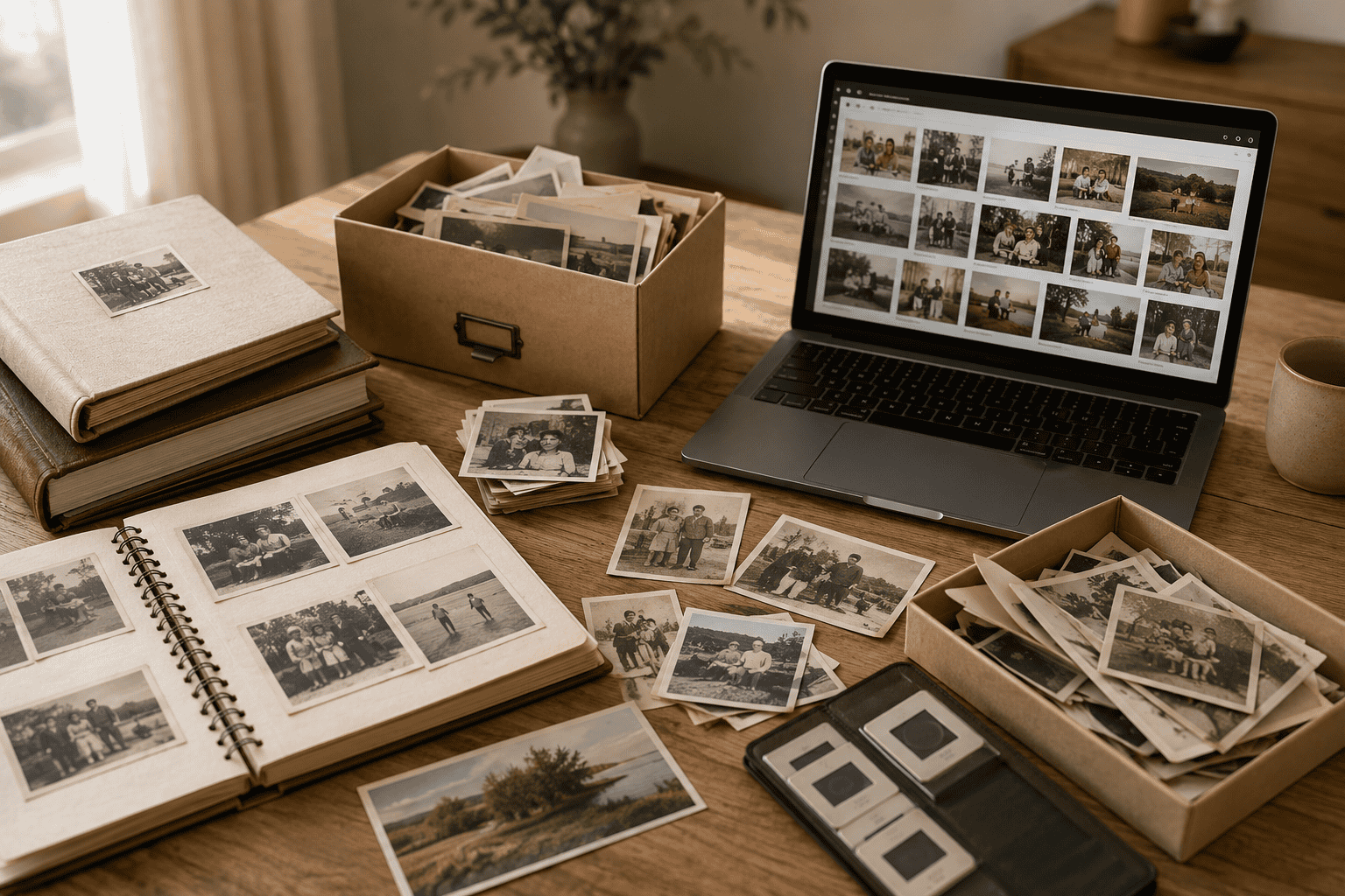 Fotomontage van uitvaartfoto's en digitale beelden op een houten tafel.