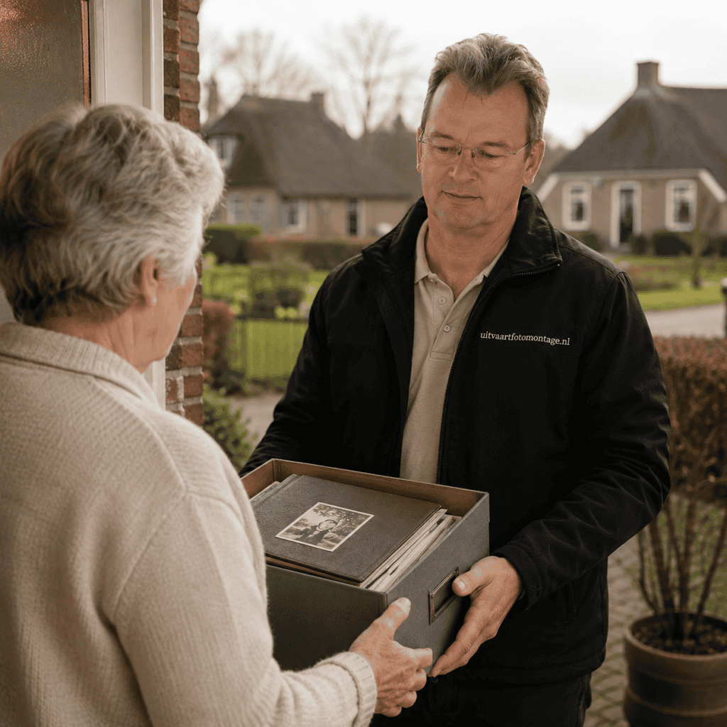 Man overhanding fotoalbum aan oudere vrouw tijdens uitvaartvoorbereiding.