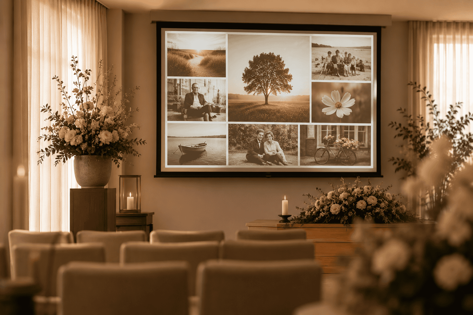 Uitvaartfotomontage met herinneringsfoto's in een serene ruimte.