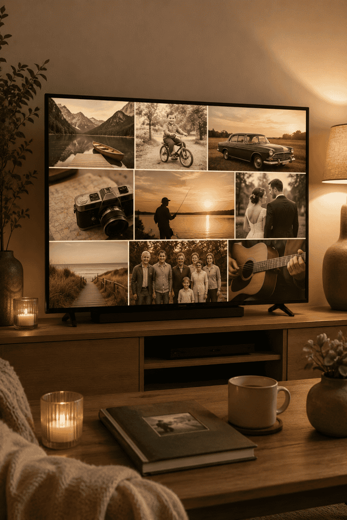 Gezellige woonkamer met foto collage en warme verlichting.