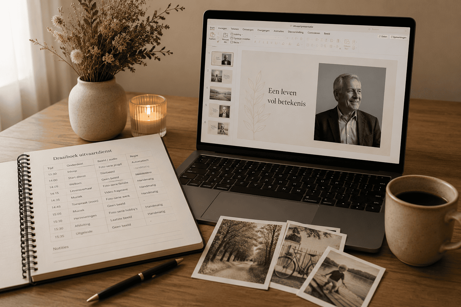 Laptop met uitvaartpresentatie en foto's ter voorbereiding van de beeldregie tijdens een uitvaart
