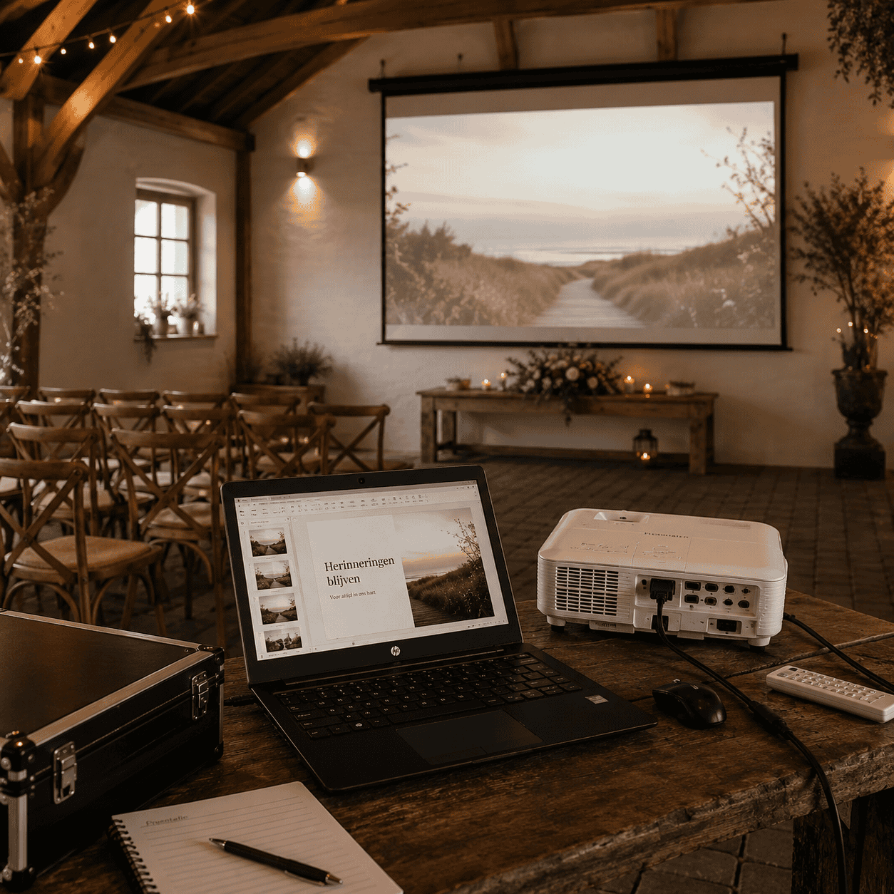 Laptop en beamer voor audiovisuele ondersteuning tijdens een uitvaart op locatie
