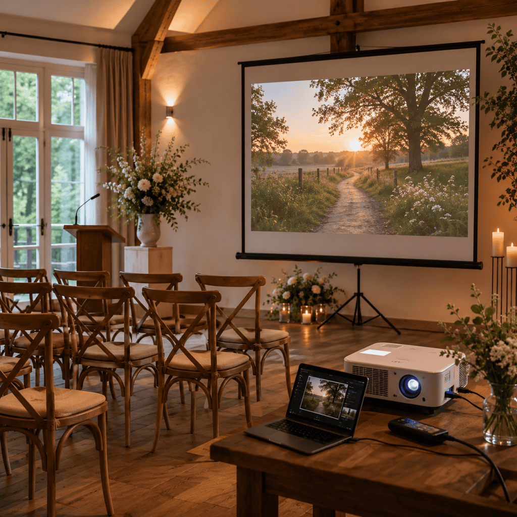 Projectiescherm en audiovisuele ondersteuning tijdens een uitvaart op een bijzondere locatie
