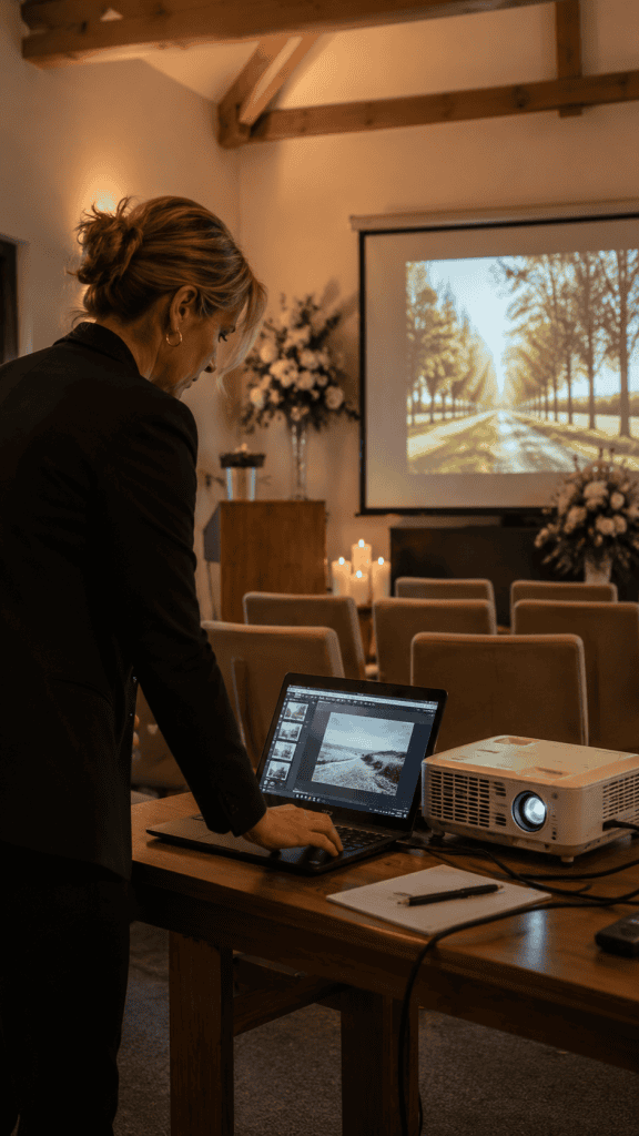 Vrouw bereidt audiovisuele ondersteuning voor uitvaartbijeenkomst voor.