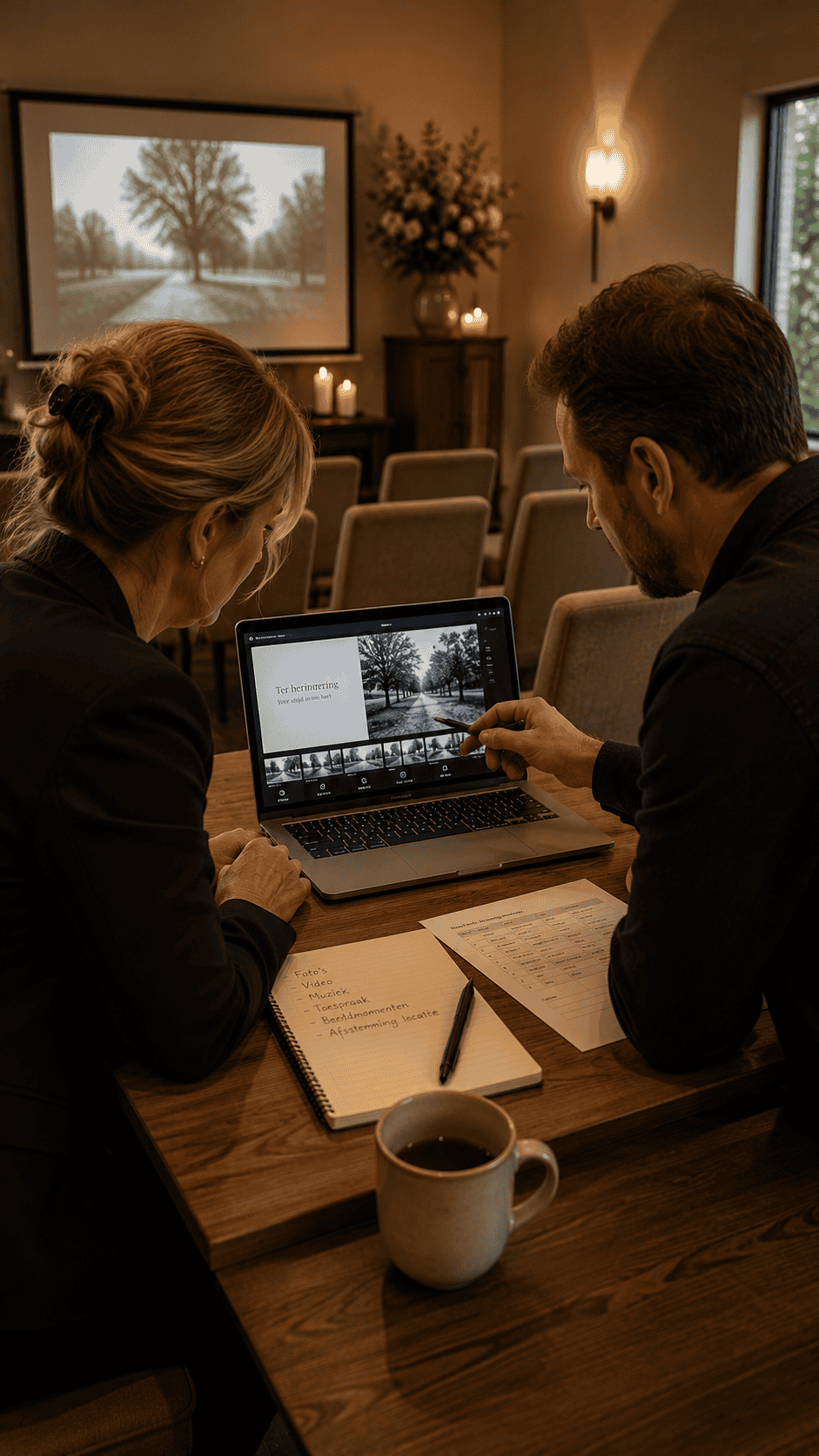 Overleg over audiovisuele ondersteuning tijdens een uitvaart op locatie