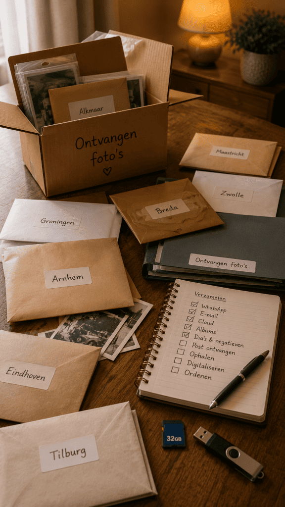 Foto van verzamelde familiefoto's en herinneringen voor een uitvaart.