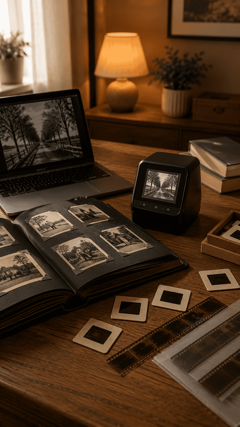 Oud fotoalbum met afdrukken, dia's en negatieven die worden gedigitaliseerd voor gebruik in een uitvaartpresentatie.