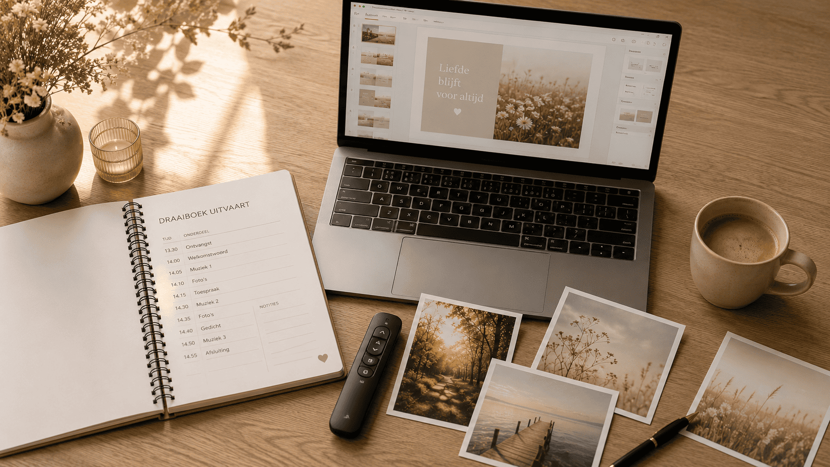Laptop, draaiboek en foto's voor audiovisuele ondersteuning tijdens een uitvaart.