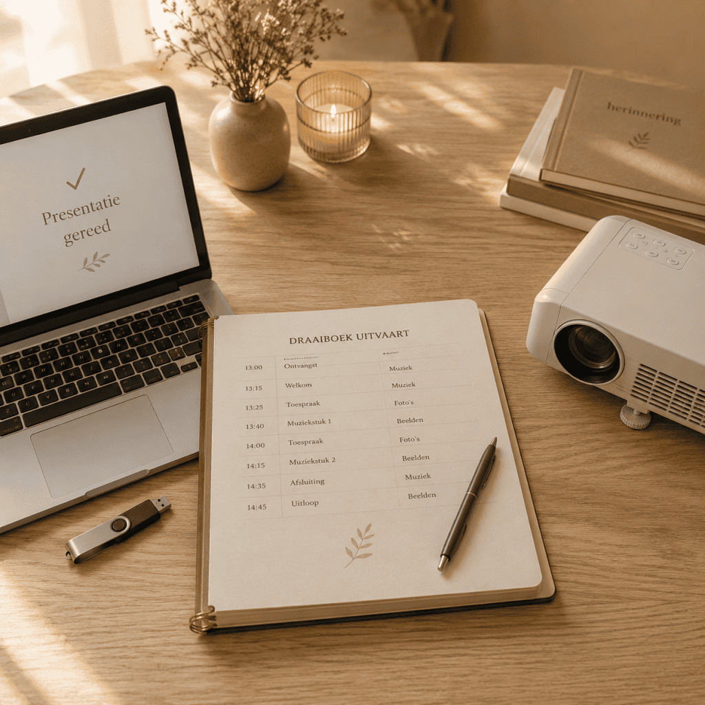 Draaiboek, laptop, USB-stick en projector voor audiovisuele ondersteuning tijdens een uitvaart.