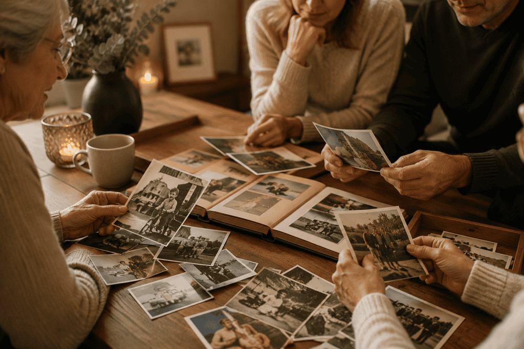 Herinneringen delen met familie en vrienden tijdens het bekijken van oude foto’s.