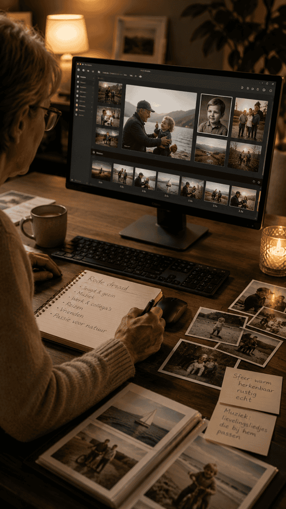 Herinneringsfotografie bewerkt voor uitvaartmontage, met familiefoto's en emotionele momenten.