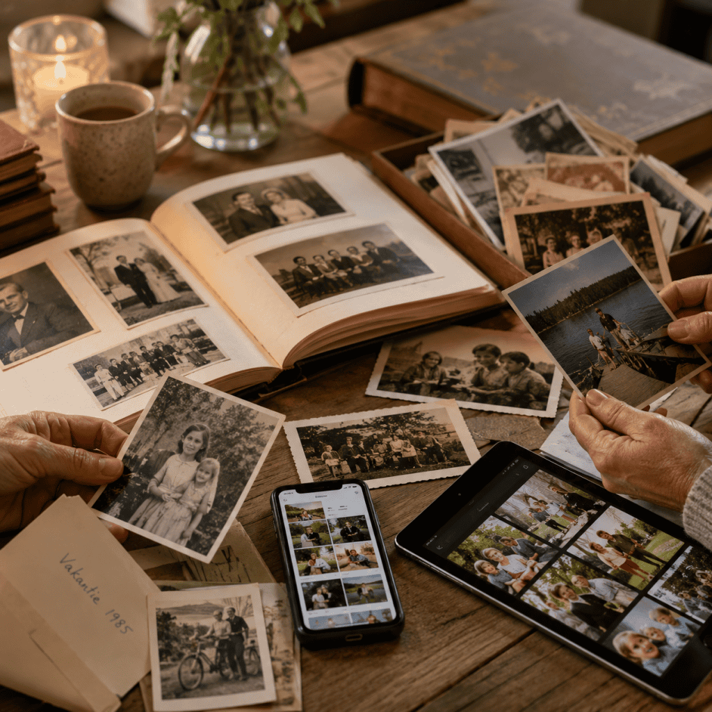 Herinneringen vastleggen met oude foto's en digitale apparaten voor een mooie uitvaartfotomontage.