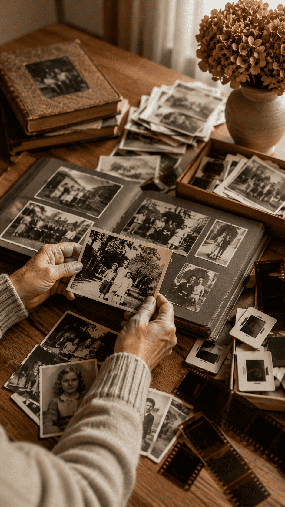 Herinneringen vastleggen met oude foto’s en fotoalbums voor een persoonlijke uitvaartfotomontage.