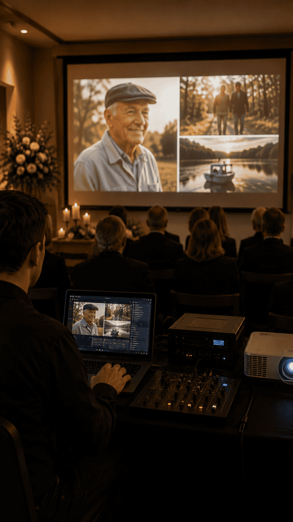 Audiovisuele begeleiding tijdens een uitvaart met beeldpresentatie, beamer en technische ondersteuning
