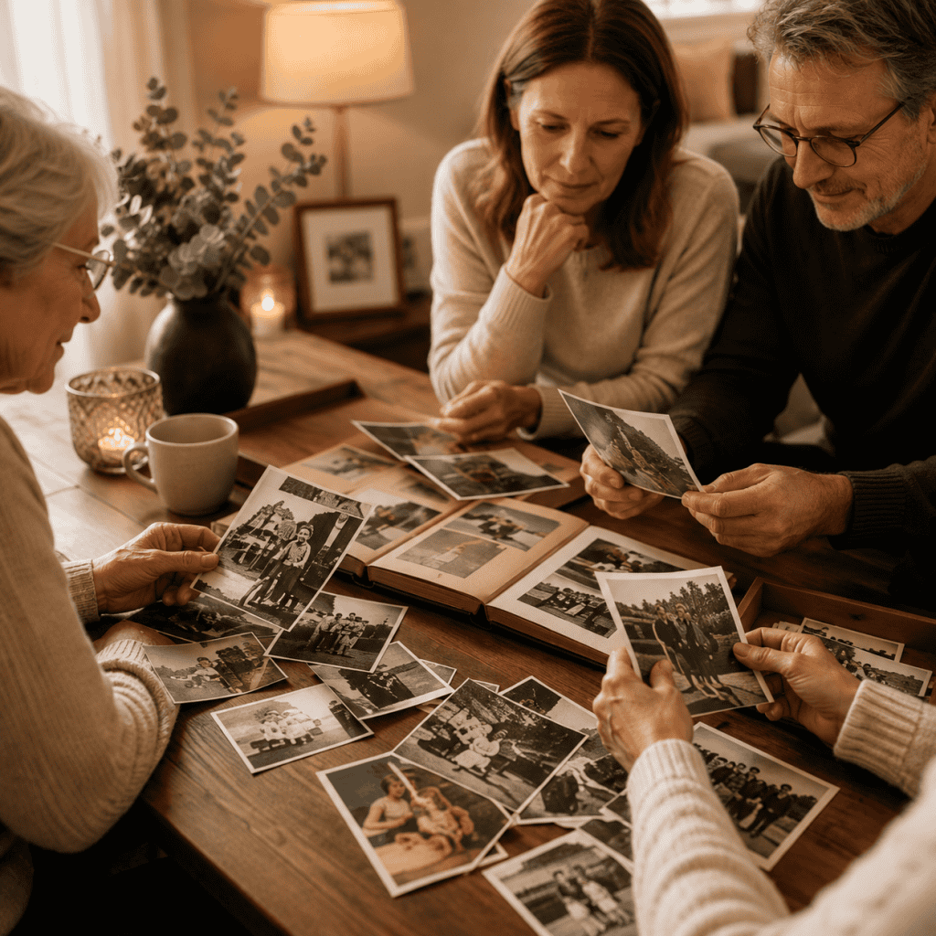 Familie bekijkt foto's voor een persoonlijke herinneringspresentatie tijdens een uitvaart