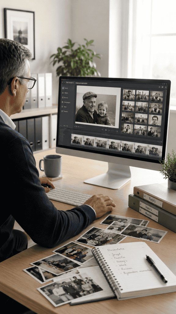 Herinneringsfotomontage bewerking op computer voor uitvaartplechtigheid.