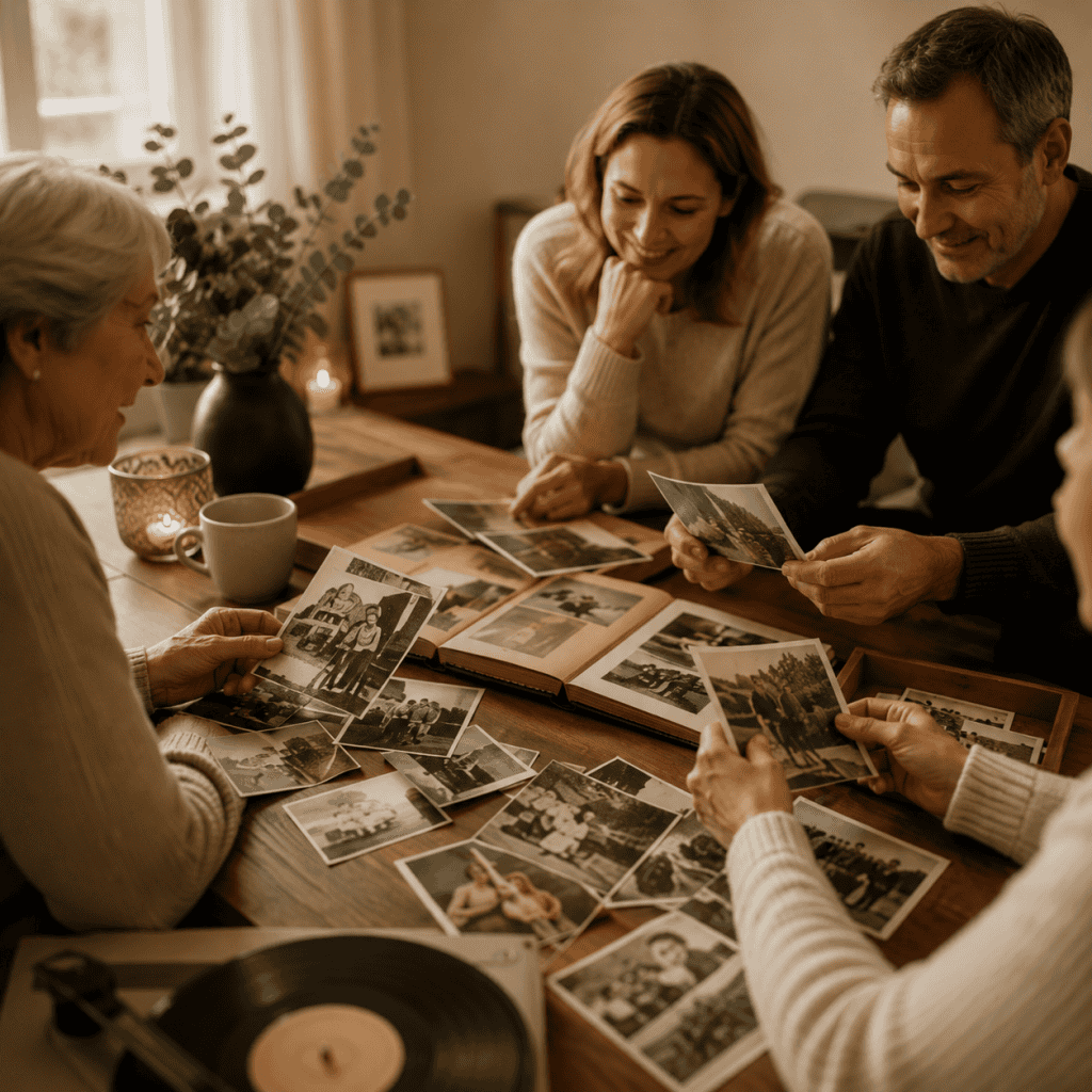 Familie bekijkt foto's en herinneringen voor een uitvaartpresentatie met muziek