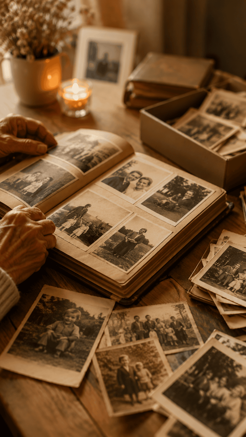 Oud fotoboek met zwart-wit herinneringen en familiefoto's voor uitvaartherinneringen.