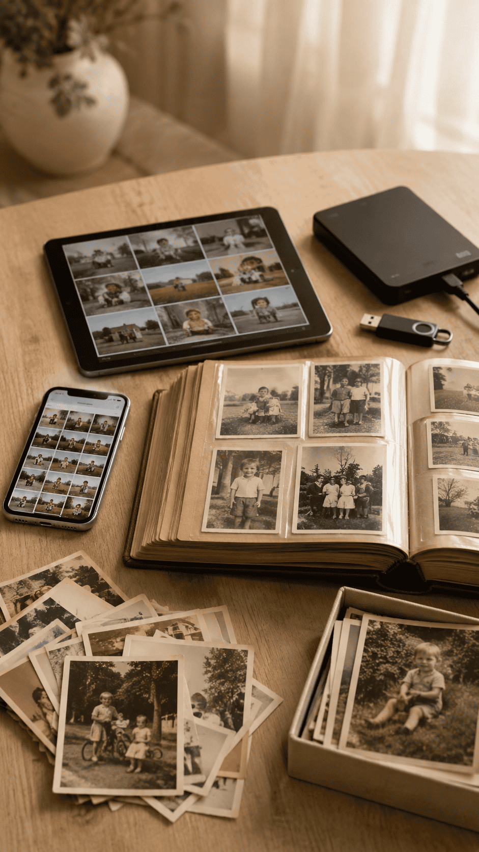 Foto's uit telefoon, tablet en fotoalbum verzameld voor een uitvaartpresentatie